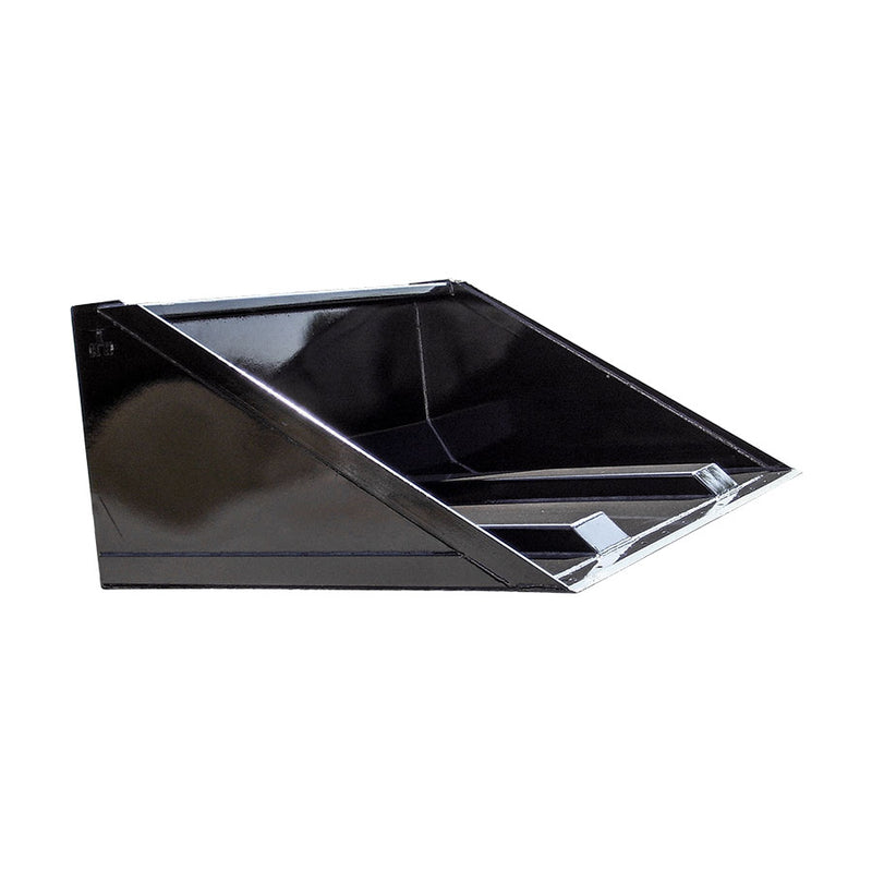 Arrow fork mounted bucket, black, studio view from the front and below showing the two open fork pockets welded across the underside