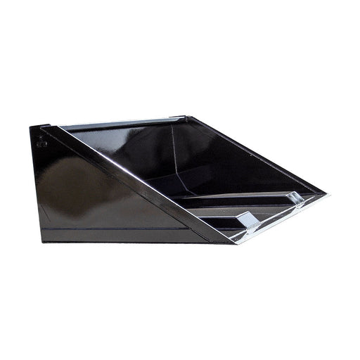 Arrow fork mounted bucket, black, studio view from the front and below showing the two open fork pockets welded across the underside