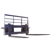 Arrow heavy duty skid steer pallet fork and frame assembly, black, three-quarter view with two fork tines fitted and the open bar load backrest behind them