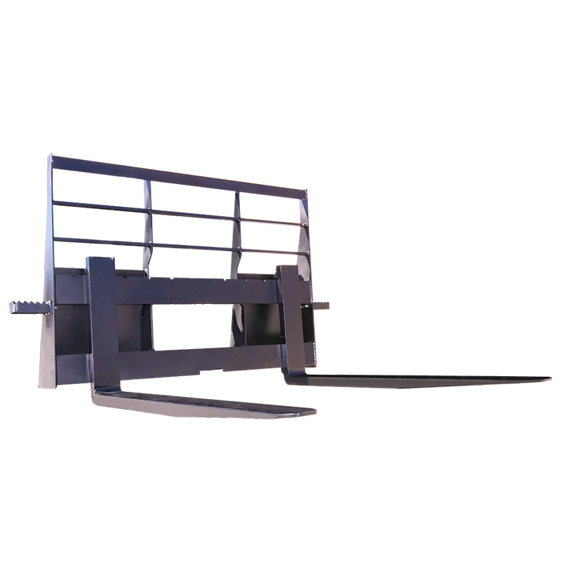 Arrow heavy duty skid steer pallet fork and frame assembly, black, three-quarter view with two fork tines fitted and the open bar load backrest behind them