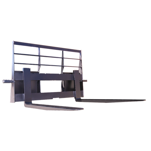 Arrow heavy duty skid steer pallet fork and frame assembly, black, three-quarter view with two fork tines fitted and the open bar load backrest behind them