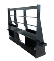 Arrow heavy duty skid steer fork frame from the side and rear, showing the three-bar load backrest, the toothed carriage bar and a bolt-on step at the right upright