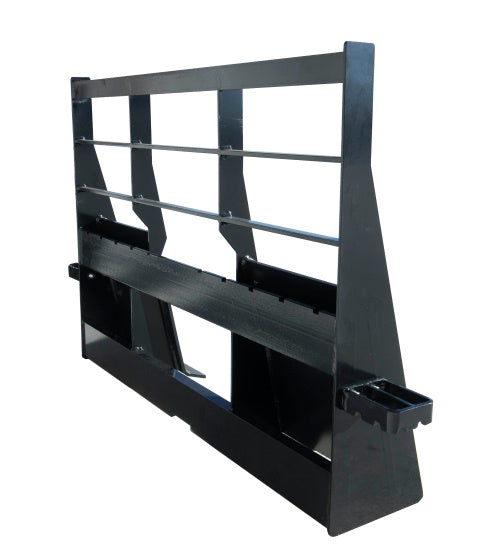 Arrow heavy duty skid steer fork frame from the side and rear, showing the three-bar load backrest, the toothed carriage bar and a bolt-on step at the right upright