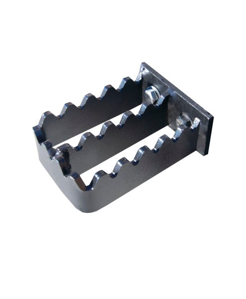 Arrow bolt-on step for the heavy duty skid steer fork frame shown on its own, a serrated open-grid tread on a bolt-through mounting plate