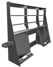 Arrow heavy duty skid steer fork frame from behind, showing the universal quick-tach mount plate with its top hook rail and lower latch pockets, the load backrest and one bolt-on step