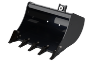 Arrow mini excavator bucket render on a transparent background, three-quarter view of the widest build with five bolt-on teeth, a bolt-on side cutter at each corner and the pin-and-coupler mounting ears on top