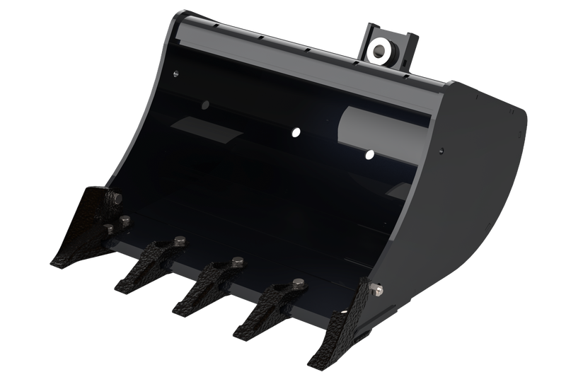 Arrow mini excavator bucket render on a transparent background, three-quarter view of the widest build with five bolt-on teeth, a bolt-on side cutter at each corner and the pin-and-coupler mounting ears on top
