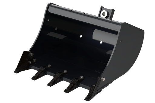 Arrow mini excavator bucket render on a transparent background, three-quarter view of the widest build with five bolt-on teeth, a bolt-on side cutter at each corner and the pin-and-coupler mounting ears on top