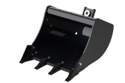 Arrow mini excavator bucket render, three-quarter view of a mid-width build with four bolt-on teeth and welded wear straps running down the bucket back