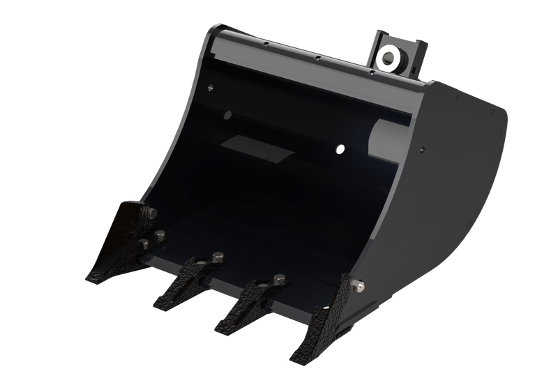 Arrow mini excavator bucket render, three-quarter view of a mid-width build with four bolt-on teeth and welded wear straps running down the bucket back