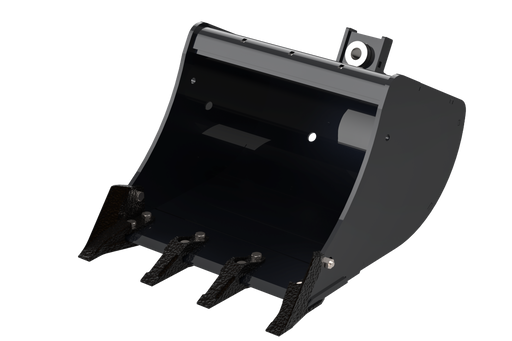 Arrow mini excavator bucket render, three-quarter view of a mid-width build with four bolt-on teeth and welded wear straps running down the bucket back