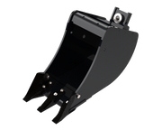 Arrow mini excavator bucket render of the narrowest trenching build with three bolt-on teeth, shown at an angle that puts the curved back and the top tube reinforcement in view