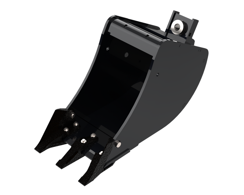 Arrow mini excavator bucket render of the narrowest trenching build with three bolt-on teeth, shown at an angle that puts the curved back and the top tube reinforcement in view