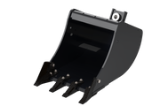 Arrow mini excavator bucket render with four bolt-on teeth and a bolt-on side cutter, angled to show the mounting ears, the pin bore and the reinforced top tube