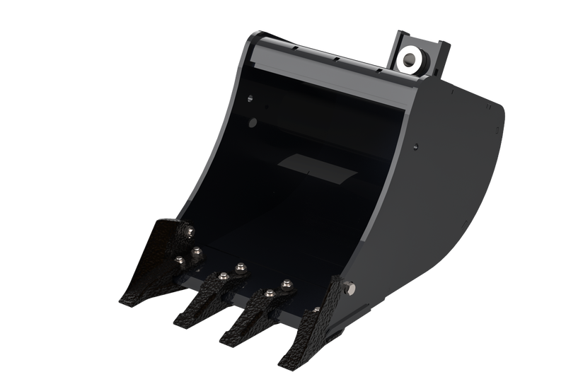 Arrow mini excavator bucket render with four bolt-on teeth and a bolt-on side cutter, angled to show the mounting ears, the pin bore and the reinforced top tube