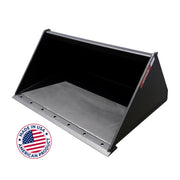 Arrow mini skid steer bucket, black, three-quarter studio view into the open bucket showing the flat floor, sloped side plates and the row of bolt holes drilled through the cutting edge