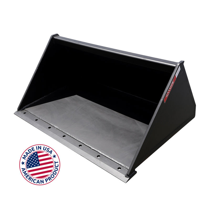 Arrow mini skid steer bucket, black, three-quarter studio view into the open bucket showing the flat floor, sloped side plates and the row of bolt holes drilled through the cutting edge