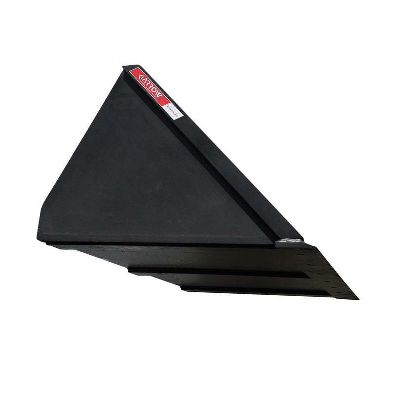 Arrow mini skid steer bucket from the side, showing the triangular side plate profile, the underside wear strips and the red Arrow decal on the top rail