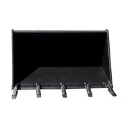 Arrow mini skid steer bucket seen head-on fitted with five bolt-on teeth across the cutting edge, with the bolt holes for a reversible edge visible between the tooth shanks