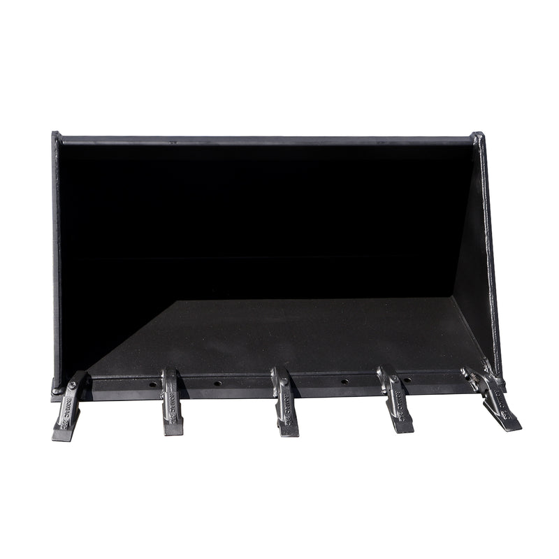 Arrow mini skid steer bucket seen head-on fitted with five bolt-on teeth across the cutting edge, with the bolt holes for a reversible edge visible between the tooth shanks