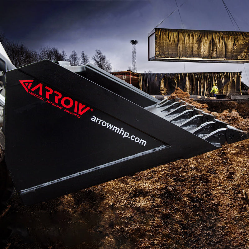 Arrow skid steer bucket side plate carrying the red Arrow Material Handling Products decal, shown fitted with optional bolt-on teeth against a construction site background