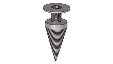 Splitter cone assembly D002507, the ribbed spiral cone hanging point down below its hex drive shaft and round top plate