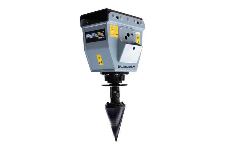Studio three-quarter of the RSX380 head with its bolt-on excavator adaptor and spiral cone