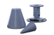 Studio view of the splitter tooling against white: the stepped stump planer cone, the bolt-on flange adaptor with its hardware, and the spiral splitter cone