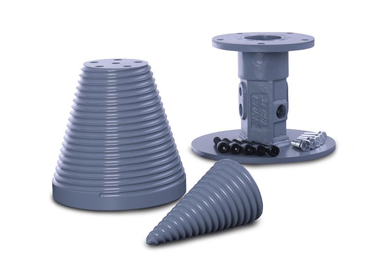 Studio view of the splitter tooling against white: the stepped stump planer cone, the bolt-on flange adaptor with its hardware, and the spiral splitter cone