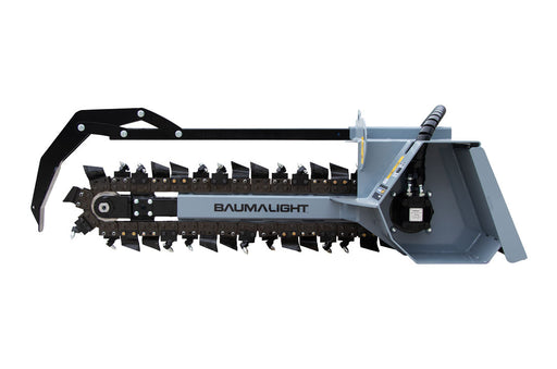TNM336B trencher on its own against white, the boom horizontal with the cup tooth chain, the crumb scraper bar at the nose and the drive head at right