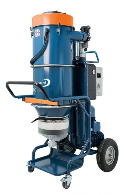 Dustcontrol DC 5900 L dust extractor with an orange top band and a Longopac continuous bag hanging under the cyclone cone