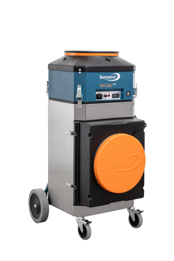 Dustcontrol DC AirCube 2000 air cleaner, stainless steel cabinet on wheels and casters with a blue control panel and a large orange inlet cover on the filter door