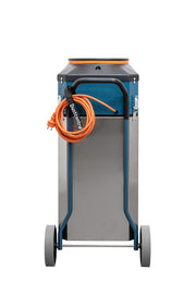 Rear view of the Dustcontrol DC AirCube 2000 showing the stainless panel, tubular carry handle and the orange cord coiled on a strap