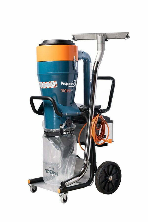 Dustcontrol DC Tromb 400 H c dust extractor, teal cyclone with an orange top band on a tubular trolley, clear plastic collection sack below and orange cord coiled on the frame
