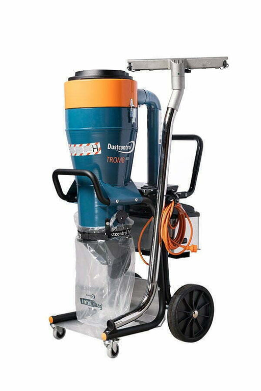 Dustcontrol DC Tromb 400 H c dust extractor, teal cyclone with an orange top band on a tubular trolley, clear plastic collection sack below and orange cord coiled on the frame