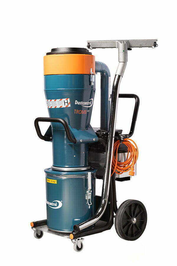 Dustcontrol DC Tromb 400 H a dust extractor with a teal steel collection container under the cyclone and a load limit label on the drum