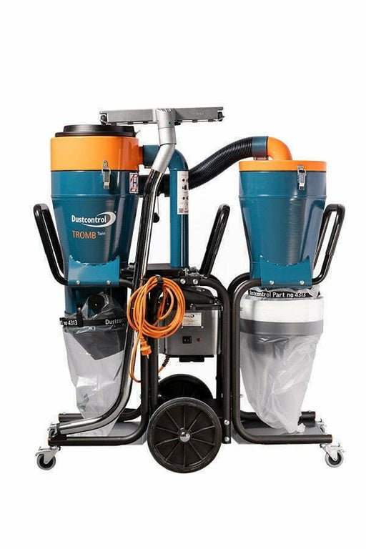 Dustcontrol DC Tromb 400 Twin cL, two teal cyclones side by side on a black tubular frame, clear plastic sack on the machine cyclone and a white Longopac on the pre-separator