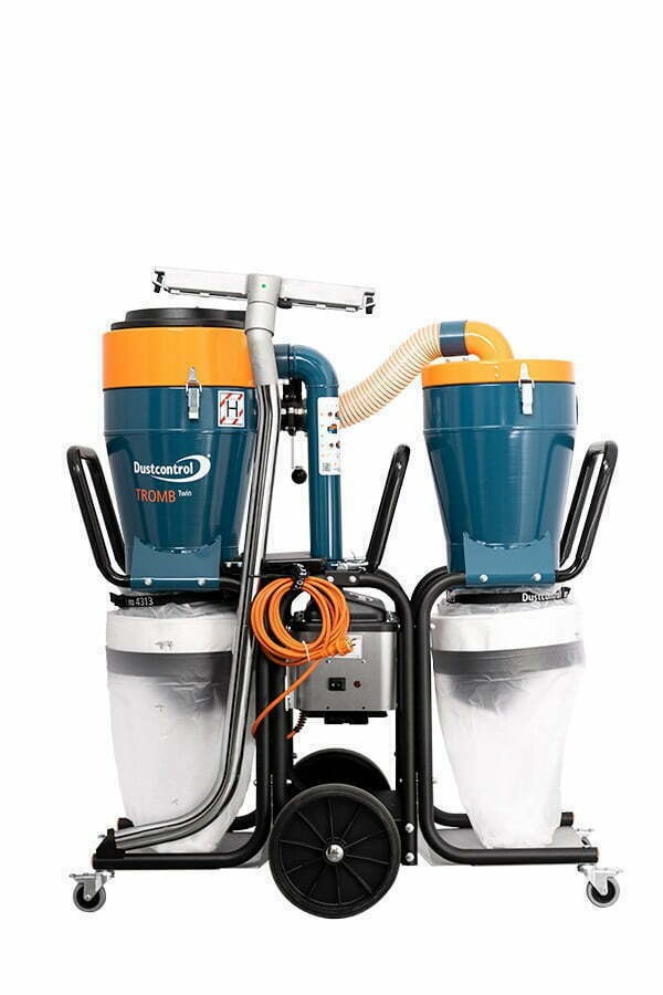 Dustcontrol DC Tromb 400 Twin LL with a white Longopac continuous bag on both the machine cyclone and the pre-separator, linked by a tan antistatic hose