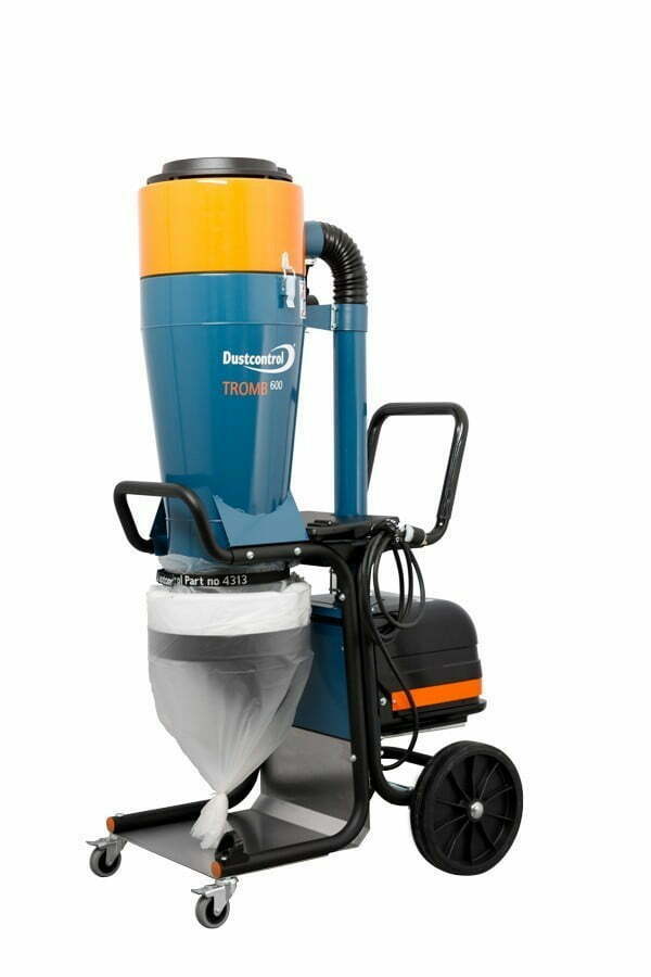 Dustcontrol DC Tromb 600 L dust extractor, tall teal cyclone with an orange top band on a black tubular trolley, white Longopac bag below and a black motor housing on the right