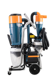 Dustcontrol DC Tromb 600 Twin LL, tall teal cyclone with a white Longopac bag beside an orange-topped pre-separator on one black tubular frame