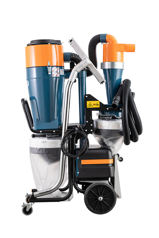 Dustcontrol DC Tromb 600 Twin LL, tall teal cyclone with a white Longopac bag beside an orange-topped pre-separator on one black tubular frame