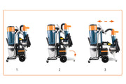 Three-panel view of the DC Tromb 600 Twin showing the pre-separator bag holder folded, dropped down, and extended for working