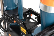 Close view of the DC Tromb 600 Twin foldable pre-separator bag holder, a black steel bracket with orange release knobs