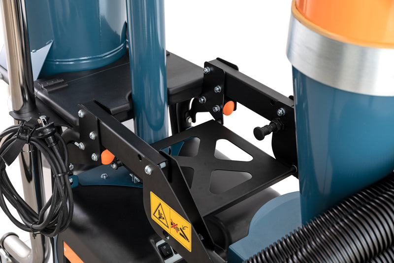 Close view of the DC Tromb 600 Twin foldable pre-separator bag holder, a black steel bracket with orange release knobs