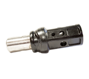 Side view of an Eterra auger adapter, showing the bright round male shank welded to the black hex socket body across a heavy collar weld, with the multi-hole pattern along the socket