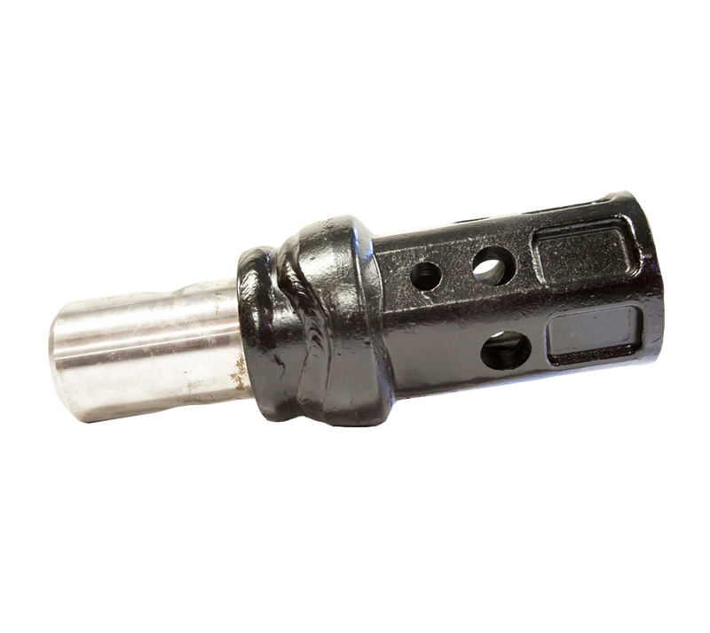 Side view of an Eterra auger adapter, showing the bright round male shank welded to the black hex socket body across a heavy collar weld, with the multi-hole pattern along the socket