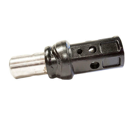 Side view of an Eterra auger adapter, showing the bright round male shank welded to the black hex socket body across a heavy collar weld, with the multi-hole pattern along the socket