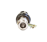 Eterra auger adapter viewed end-on down the round male shank, with the bright bore inside the collar and the lynch pin fitted through the cross-hole