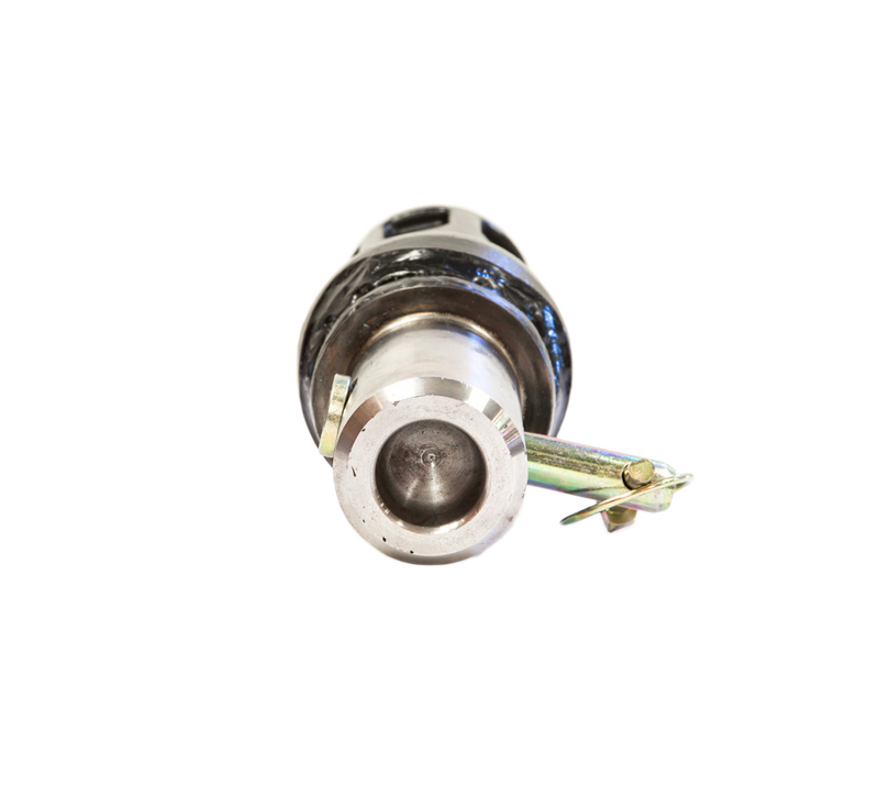 Eterra auger adapter viewed end-on down the round male shank, with the bright bore inside the collar and the lynch pin fitted through the cross-hole