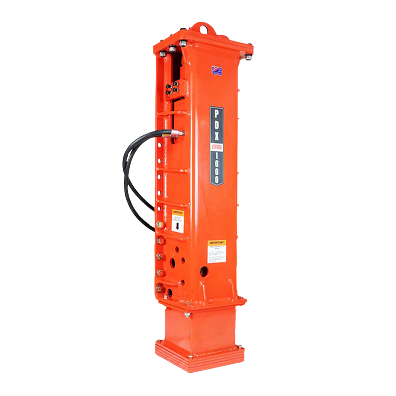 Eterra PDX-1000 post driver unit, orange housing with hydraulic hoses, shown against a plain background